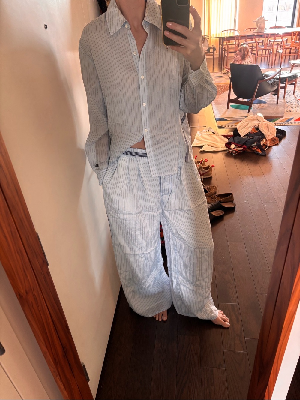 Light Blue Pinstripe Wide-Leg Pajama Pants